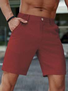 Manfinity Homme Men's Casual Minimalist Business Commute Fashion Solid Color Button Shorts, Red Burgundy - Red - View 3