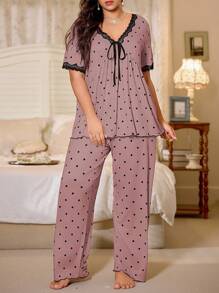 CottageSlumber Polka Dot & Contrast Color Lace Bow V-Neck Short Sleeve Pajama Set, Plus Size Plus Size Sleepwear Set Plus Size Polka Dot Pajamas Plus Size Pajama Set Curve Sleepwear Plus Size Nightwear  Cozy And Elegant Details - Pink - View 3