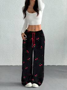 SHEIN EZwear Quần ống rộng buộc dây phía trước họa tiết quả anh đào đen cho nữ - màu đen - Xem 4