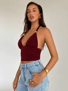 Aloruh 女士纯色露背短款性感吊带背心 - 酒紅色 - 查看 6