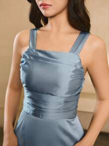 少女蓝缎高端感连衣裙，新款优雅淑女宴会晚礼服，修身长款礼服 - 藍色 - 查看 8