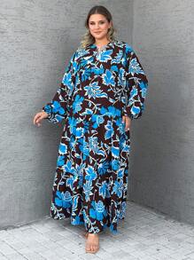 EURMUSE Đầm suông rộng tay đèn lồng cổ buộc họa tiết hoa cỡ lớn dành cho nữ - Màu xanh lam - Xem 6