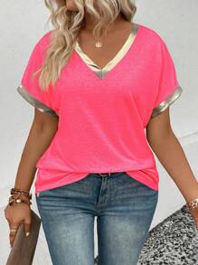 EMERY ROSE Women's Casual V-Neck Short Sleeve Metallic Trim Plus Size T-Shirt - Coral Pink - View 3