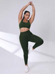 SHEIN Rhythm Era Quần thể thao tập yoga cạp cao màu trơn cỡ lớn cho nữ - Màu xanh lá cây đậm - Xem 7