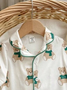 Baby Boys Cute Bear Pattern Lapel Snap Front Short Sleeve Pants Casual Loose Homewear Pajama Set 2pcs, Baby Boy - Green - View 5