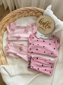 4pcs/Set Baby Girl Cute Heart & Kitty Pattern Ruffle Trim Crew Neck Long Sleeve Shirt And Pants Comfy Loungewear Set, For Christmas Print - Baby Pink - View 5