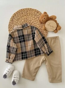 Baby Boy Colorful Plaid Collared Long Sleeve Button Down Shirt And Casual Pants Set, For Christmas - Khaki - View 3