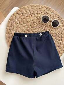 SHEIN 2 件套男婴夏季休闲可爱蓝色条纹 Polo 领短袖衬衫和松紧腰短裤套装，适合生日派对、晚会、表演、婚礼、月子派对、洗礼和 1 岁生日庆祝、婴儿洗礼 - 彩色 - 查看 5