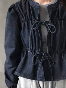 FRIFUL 女式荷叶边系带休闲牛仔衬衫 - 黑色 - 查看 2