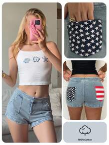 CovetEZ Quần short denim họa tiết sao và sọc thời trang dành cho nữ, mùa hè - Màu xanh lam - Xem 6