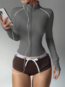 Easithlete 修身灰色长袖运动夹克，高领，舒适弹力面料，女士健身运动夹克 - 灰色 - 查看 1