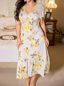 SHEIN Romantic-Flora Elegant Plus Size Summer Sleep Dress With V-Neck And Flounce Sleeves In Floral Print - Yellow - View 4