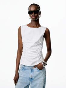 LYSMO 2025 New Women's White Ruched X-Shaped Waist A-Line Crew Neck Casual Sleeveless Top, Minimalist Casual, Daily Commuting, Versatile Piece