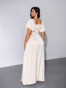 Lyrianda 大码女式春夏翻领、荷叶边袖、仿珍珠装饰、A 字腰 Charmeuse 长裙，优雅复古，适合聚会、节日、派对、婚礼