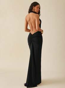 Hauture 夏日度假派对纯色半透视深 V 褶饰长裙