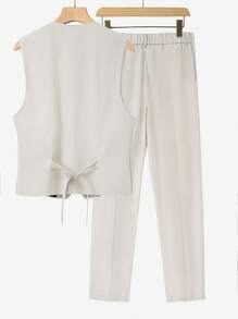 Manfinity Bizformal 男士纯色翻领背心和裤子套装男士 S 2 件套男士 S 背心套装两件套男士两件套男士 2 件套服装 - 卡其色 - 查看 2