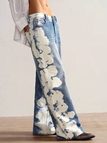 Bohemela 女式扎染图案口袋宽腿宽松休闲牛仔裤 - 藍色 - 查看 3