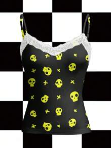 Shutterstock 黑色和霓虹绿、撞色、骷髅、卡通、万圣节、Y2K、街头服饰、休闲 Y2K 蕾丝边女式吊带背心适合夏季、秋季、度假、聚会、派对、日常穿着外出上衣 - 黑色 - 查看 3