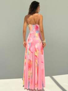 Aloruh New Romantic Vacation Boho Floral Mesh Print Patchwork Shell Ribbon Waist Maxi A-Line Long Dress - Pink - View 3