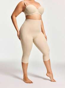 SHAPORA 大码女式纯色松紧腰休闲七分塑身裤 - 杏色 - 查看 1