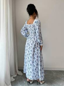 SHEIN Raffinéa Elegantes langes Kleid mit Muster für Damen - Blau-Weiß - Übersicht 2