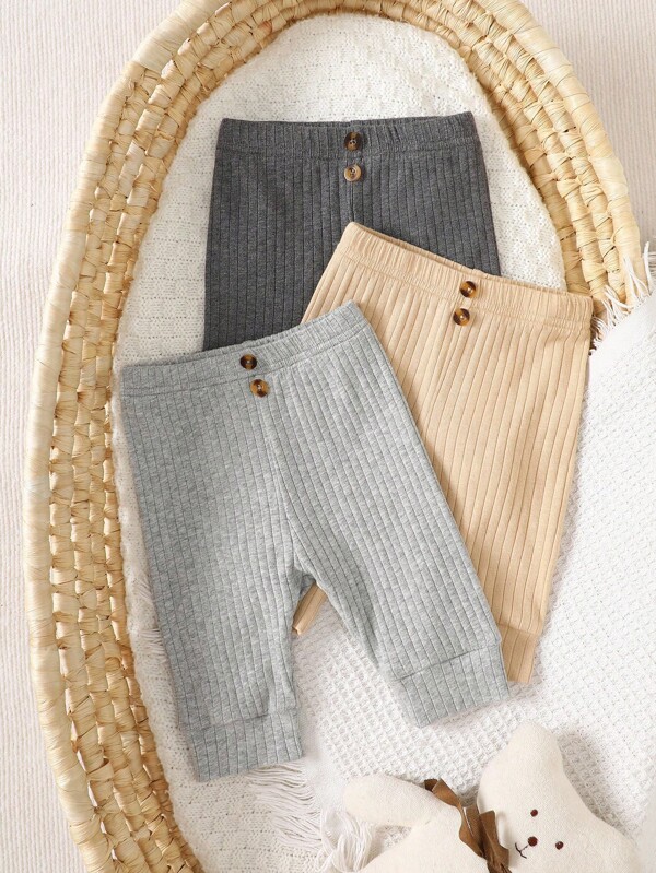 SHEIN 3件套新生儿休闲纯色柔软舒适弹力裤，秋冬季时尚百搭