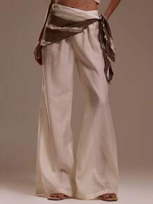 MUSERA 阔腿弹力腰三角图案围巾拼接裤，适合度假、性感海滩、浪漫优雅场合、生日、波西米亚风、透视装、办公等各种场合。 - 卡其色 - 查看 2