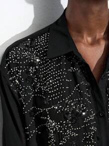 Maija Camisa de Moda de Manga Longa com Ombro Caído e Botão Único, Bordada com Lantejoulas, Camisa de Lantejoulas, Camisa de Strass, Camisa Bordada, Camisa Cintilante, Blusas para Sair, Outono Mulheres, Concerto, Encontro, Aeroporto, Fairycore, Clube, Sexy, Aniversário, Camisa com Botões para Mulheres, Halloween - Preto - Visão 6