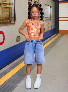 SHEIN Shorts vaqueros holgados tipo bermuda casuales para niñas preadolescentes, shorts vaqueros de verano, shorts vaqueros Y2K