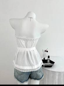 Elamini Débardeur casual féminin avec patchwork de tissu texturé et volants - Blanc - Voir 2