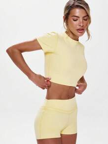 Musera Sport 圆领短袖修身运动上衣，适合健身房、板式网球、网球、匹克球、瑜伽、普拉提等运动，日常休闲穿着。 - 黃色 - 查看 2