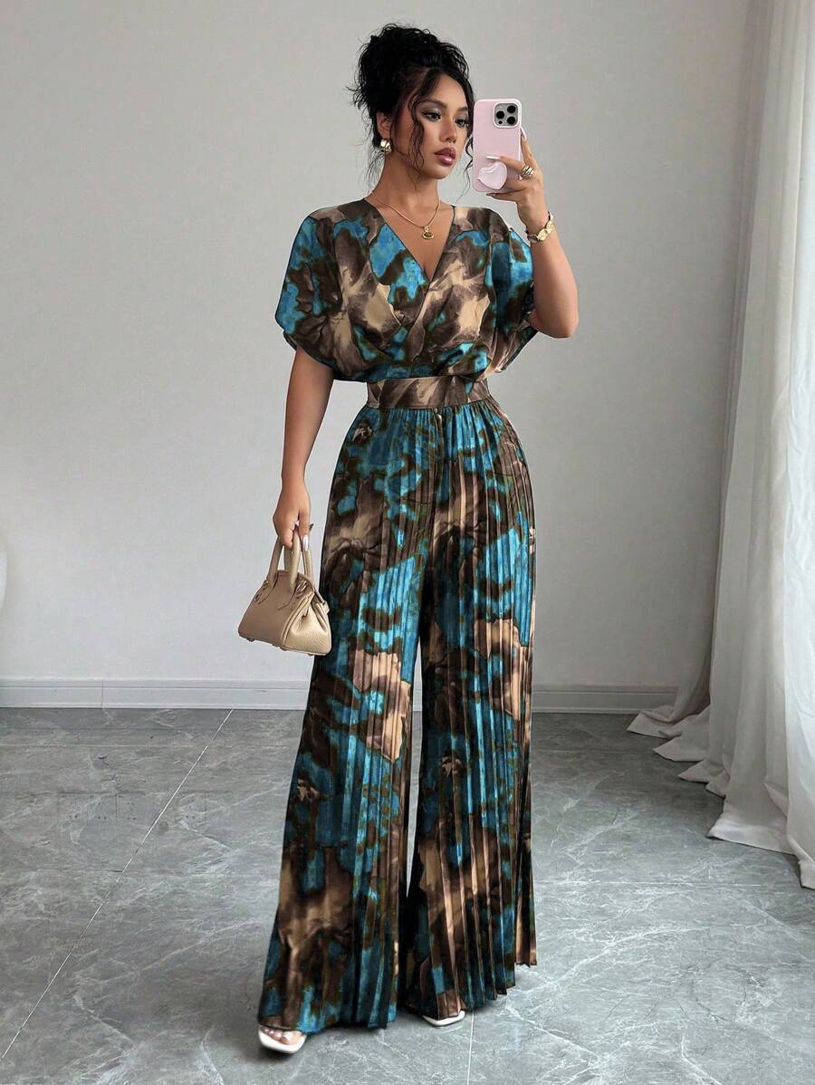 Elenzga Women's Elegant Floral Print Pleated Jumpsuit For Commuting - Multicolor - View 1