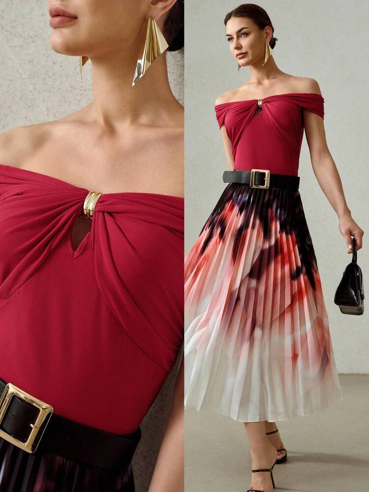 METAL DECOR RUCHED OFF SHOULDER T-SHIRT