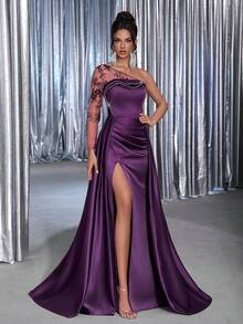 Glamrae Đầm dạ hội maxi dài xẻ cao gợi cảm, sang trọng và thanh lịch, thêu sequin tím, chắp vá, satin một bên vai, cổ lệch - Màu tím - Xem 6