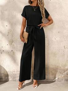 SHEIN Clasi Contrast Lace Batwing Sleeve Jumpsuit For Women - Black - View 3