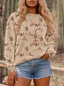 INAWLY Western Cowboy Desert Autumn And Winter Nostalgic Style Cactus Pattern Printed Khaki Casual Round Neck Padded Sweatshirt Pullover Fall - Khaki - View 1