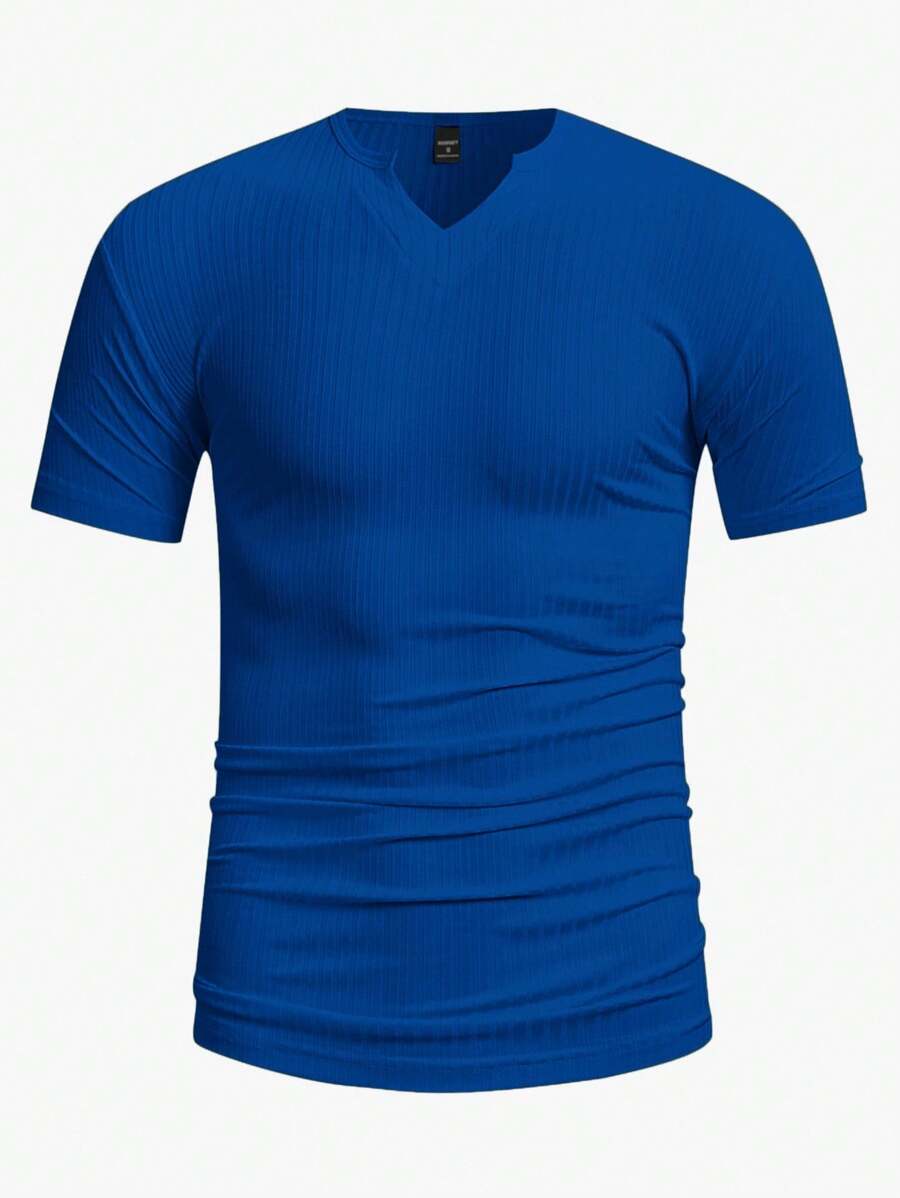 Manfinity Homme Men's Solid Color V-Neck Short Sleeve Casual Rib Knit T-Shirt - Blue - View 1