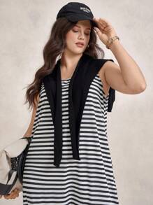 Zelara Plus Size Black & White Striped Sleeveless Casual Everyday Wear Sports Jumpsuit Navycore Outfits
