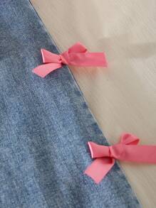 Genkimix Kids Girls' Casual Cute Round Neck Raglan Sleeve Loose Cropped Butterfly Print T-Shirt And Elastic Waist Straight Loose Jeans Pants With 3D Bow Design, Back To School Outfit, All Season Fall Winter - Pink - View 6