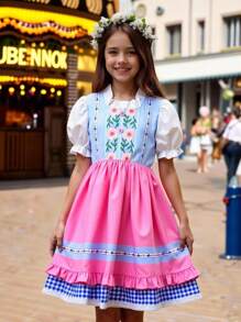 4-7 岁女童泡泡袖连衣裙，花卉印花拼接可爱休闲舒适荷叶边下摆泡泡袖连衣裙，返校学院风，适合所有季节 - 粉色 - 查看 1