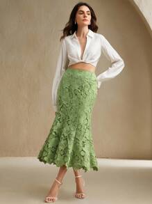 Anewsta 女士时尚优雅拼接设计重磅蕾丝镂空鱼尾裙 - 綠色 - 查看 3