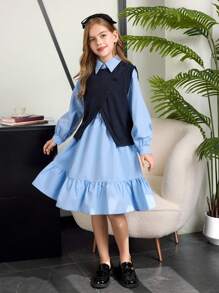 Tween-Mädchen Einfarbiges Set aus langärmligem Kleid mit Rüschensaum und einreihiger Weste - Blau - Übersicht 4
