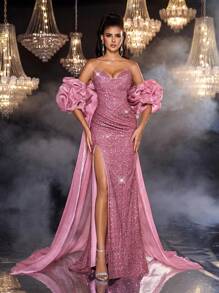 Glamrae 优雅奢华深粉色金属丝不对称领口泡泡袖亮片开衩鱼尾女士正式晚礼服 - 淺粉色 - 查看 4