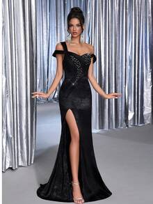 Glamrae Elegante Top de satén con bordado de lentejuelas negras Luxurious con diseño Asymde A metric metric, vestido de noche sexy con abertura en el bajo y abertura para mujer