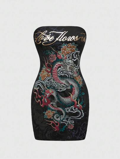 ROMWE Avant Robe mini sexy à imprimé dragon et flamme rétro Y2K avec lettres en feuille pour femmes