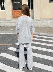 青少年女孩休闲日常灰色针织字母刺绣 T 恤和喇叭裤套装，秋季服装，返校灰色服装 - 灰色 - 查看 2