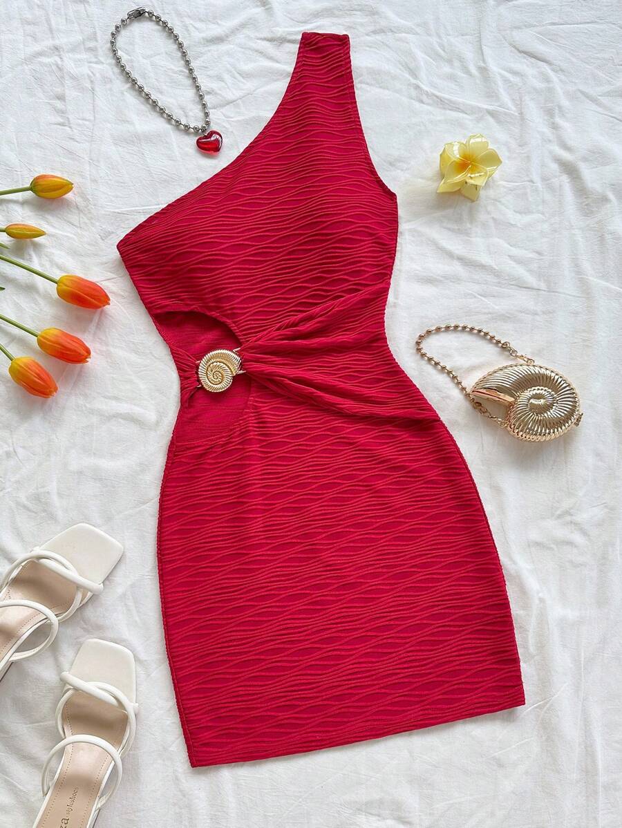 Soleia 女士镂空贝壳金属贴花纹理面料修身迷你连衣裙，适合节日、约会、下午茶、度假、音乐节、波西米亚风、钩针编织、亚麻 - 酒紅色 - 查看 1