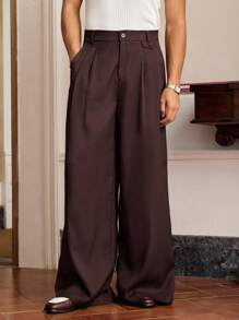 SWAVVY 男士休闲百搭纯色阔腿西装裤 - 酒紅色 - 查看 1