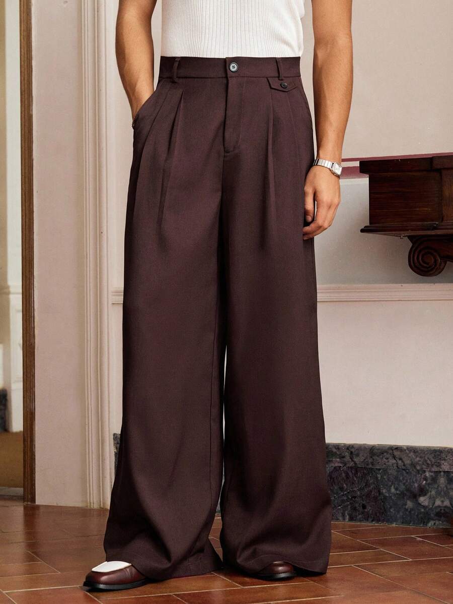 SWAVVY 男士休闲百搭纯色阔腿西装裤 - 酒紅色 - 查看 1