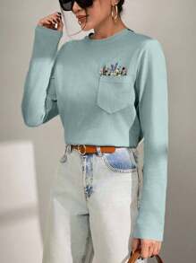 EURMUSE Women T-Shirt With Flower Embroidery, Round Collar, Pocket Details - Mint Green - View 4